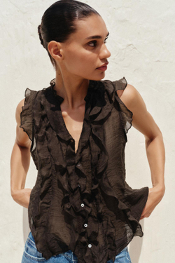 ZARA ПОЛУПРОЗРАЧНЫЙ ТОП С ВОЛАНАМИ, КОРИЧНЕВЫЙ