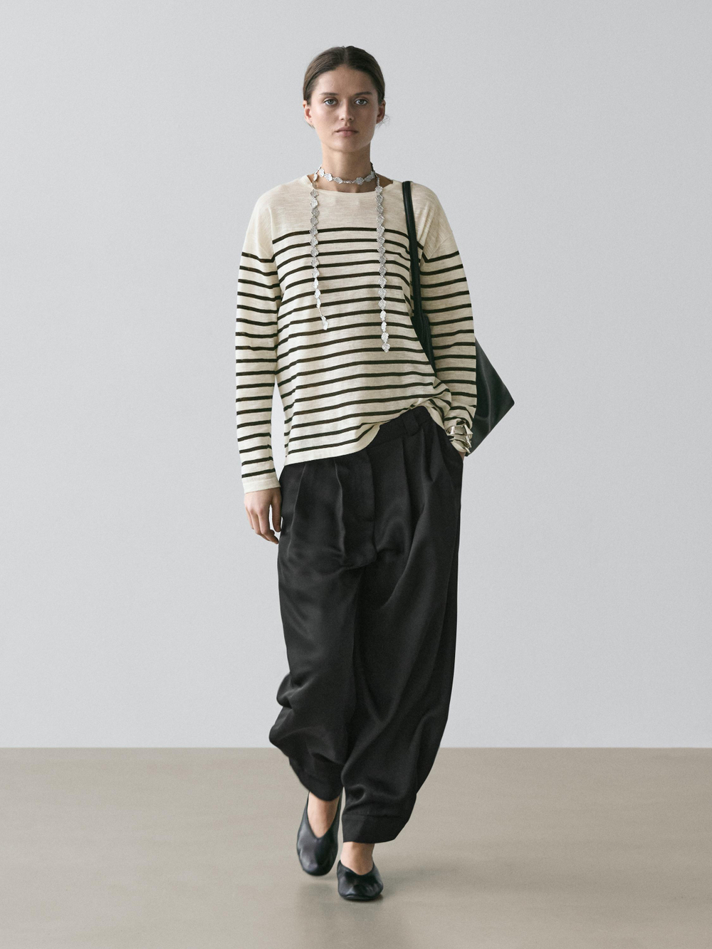 Massimo Dutti Футболка из смесового хлопка в полоску с длинными рукавами, натуральный/кремовый