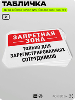 Табличка для обеспечения безопасности "Запретная зона, только для зарегистрированных сотрудников", для офиса, по охране труда для предприятия, организаций, 40х30 см, Айдентика Технолоджи