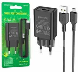 Сетевое зарядное устройство  1USB Borofone BA68A, Glacier, с кабелем микро USB, 5V/2.1A черное