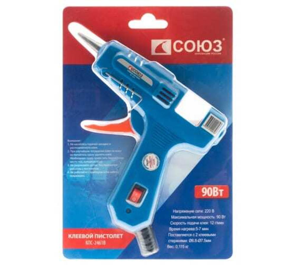 ПИСТОЛЕТ КЛЕЕВОЙ СОЮЗ 90ВТ 2 СТЕРЖНЯ БЛИСТЕР КПС-2461В