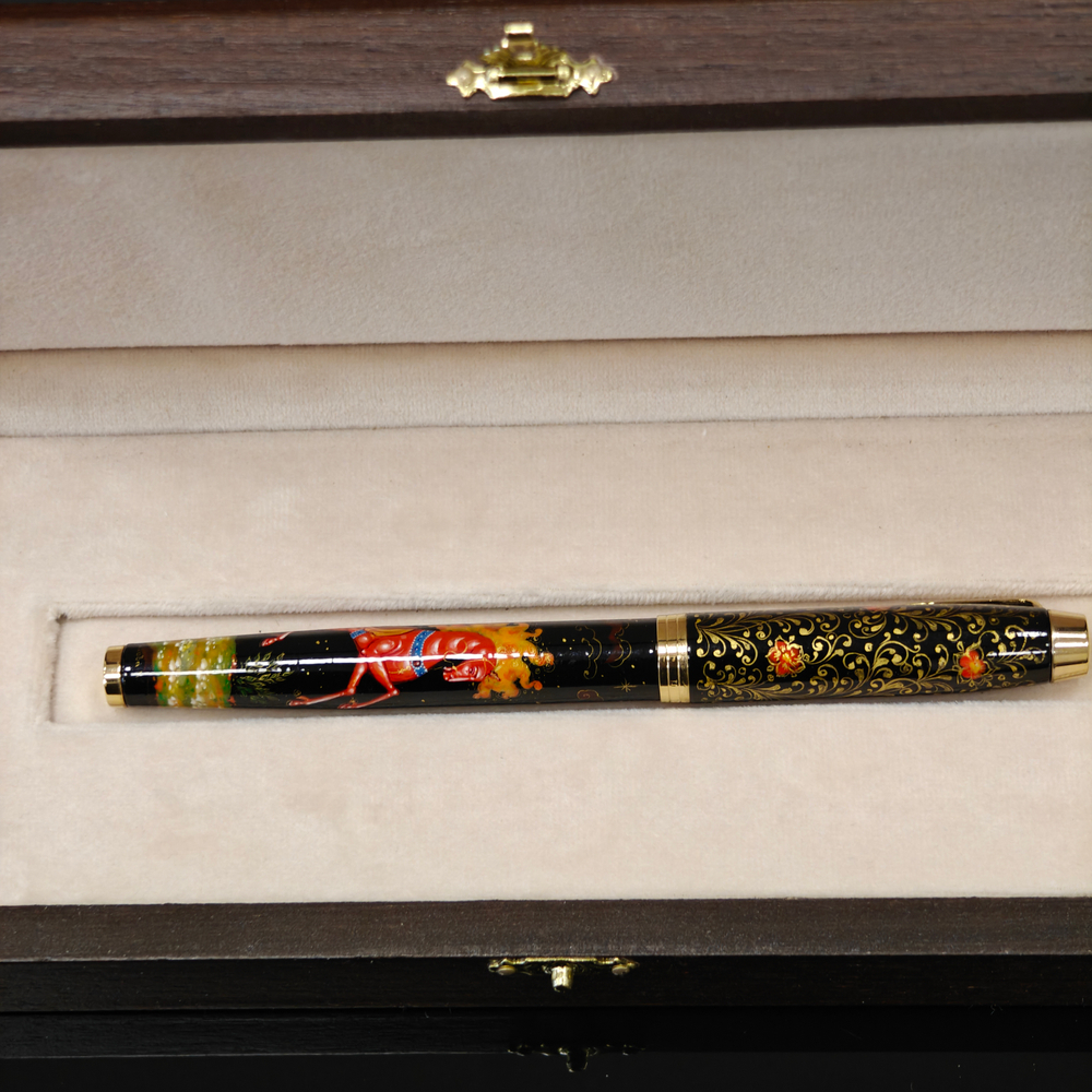 Ручка с колпачком расписная Parker красный Сказочный Конь" в футляре