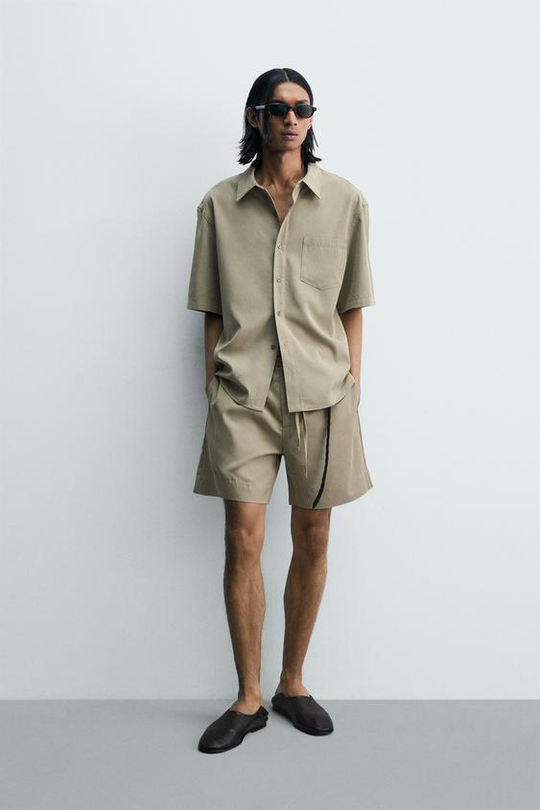 ZARA ШОРТЫ RELAXED FIT С ЭФФЕКТОМ ПОТЕРТОСТИ, БЕЖЕВЫЙ