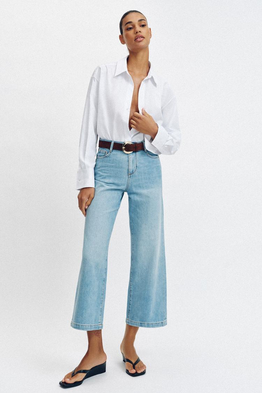 ZARA ДЖИНСЫ WIDE LEG УКОРОЧЕННЫЕ С ВЫСОКОЙ ПОСАДКОЙ И РЕМНЕМ, ГОЛУБОЙ