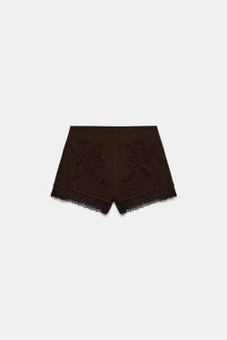 ZARA ШОРТЫ С ВЫШИВКОЙ И КРУЖЕВОМ, КОРИЧНЕВЫЙ