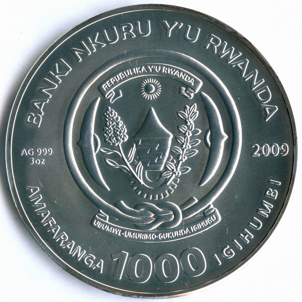 1000 франков 2009 год. Руанда UNC (Близнецы). Серебро 3 унции - 93.3 грамма, 4 бриллианта