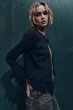 ZARA ВЯЗАНЫЙ КАРДИГАН С БАХРОМОЙ, ЧЕРНЫЙ