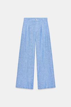 ZARA БРЮКИ С ШИРОКИМИ ШТАНИНАМИ И ЗАЩИПАМИ ИЗ СМЕСОВОГО ЛЬНА, ГОЛУБОЙ