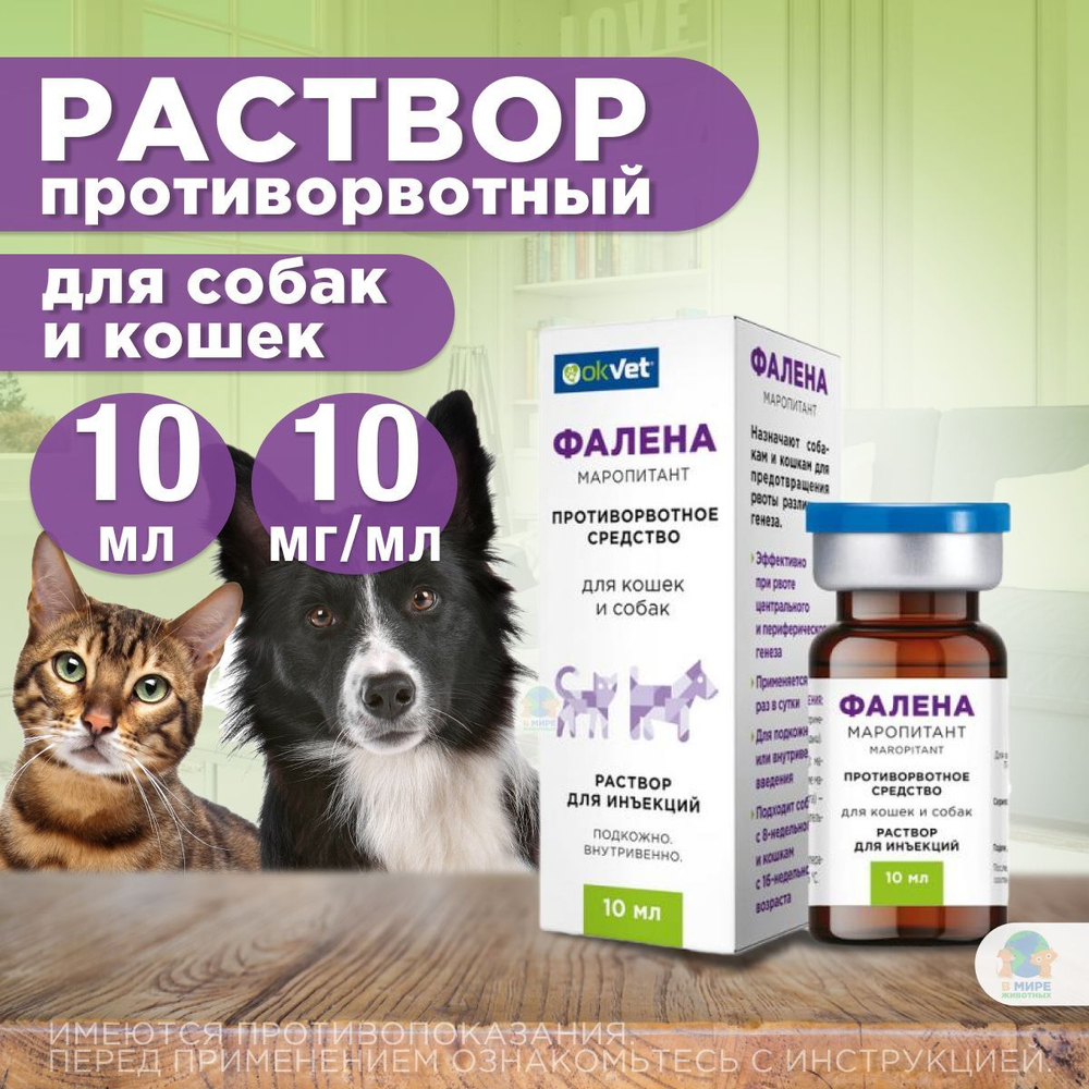 Раствор для инъекций для предотвращения рвоты различного генеза у кошек и собак Фалена (Okvet), 10мл Маропитант