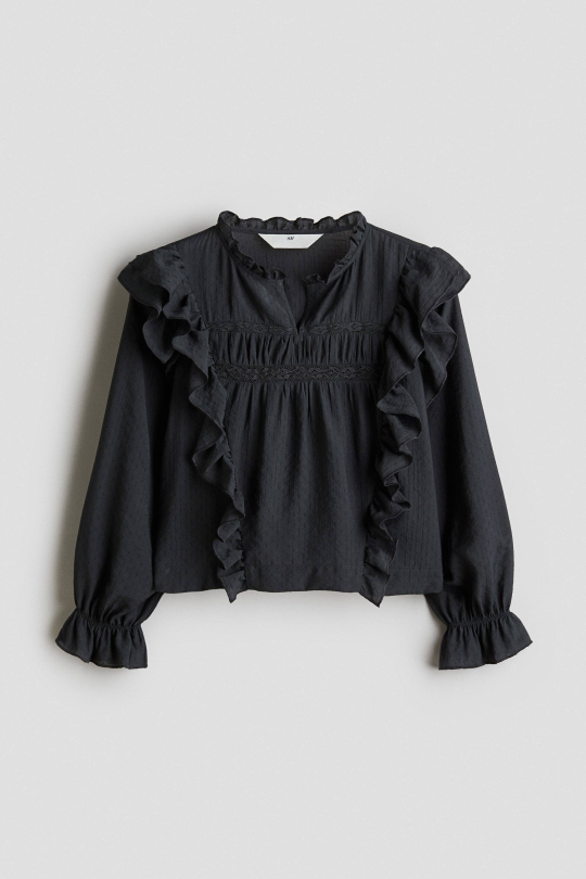 H&M Блузка с рюшами, темно-серый