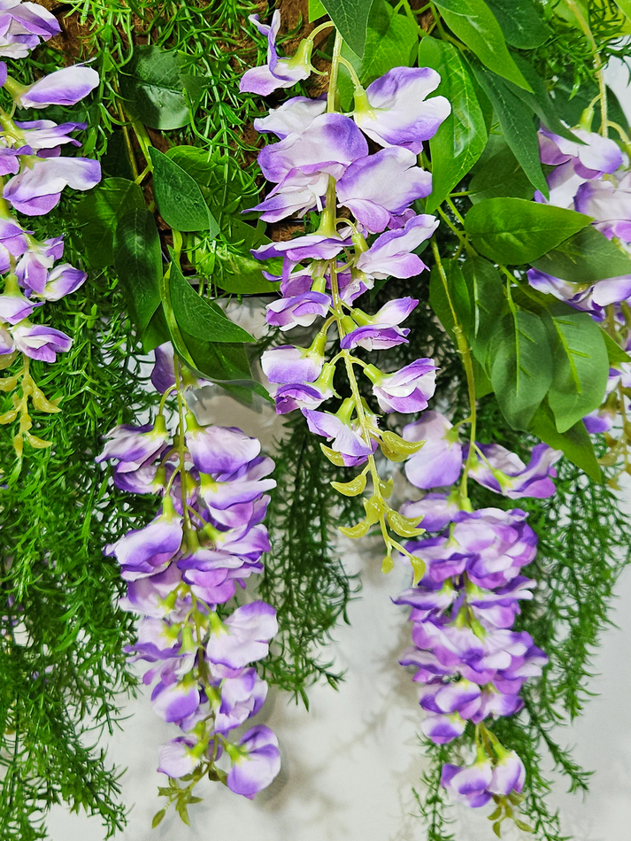 Искусственные цветы Акация бело-фиолетовая с зеленью в подвесном кашпо