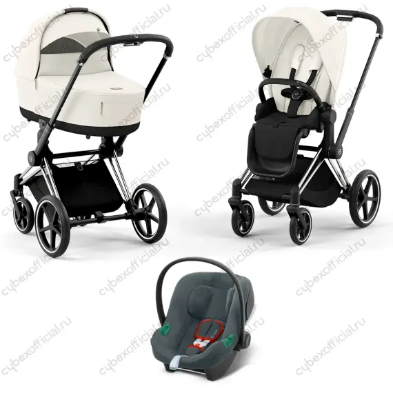 Детская коляска Cybex Priam IV 3 в 1 Off White шасси Chrome Black автокресло Aton B i-Size