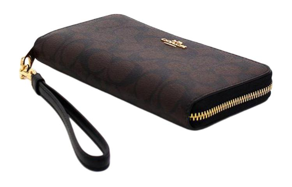 COACH Zip Around Monogram Canvas With Leather Wallet Clutch Regular Women"s Black & Brown