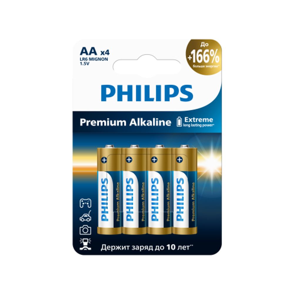Батарейки Philips LR6M4W/51 АА алкалиновые 1,5v 4 шт. LR6-4BL Premium (4/48/144/17280) | Батарейки Щелочные (Алкалиновые)