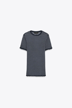 ZARA ТОП ИЗ ТРИКОТАЖА В РУБЧИК В ПОЛОСКУ, МОРСКОЙ СИНИЙ