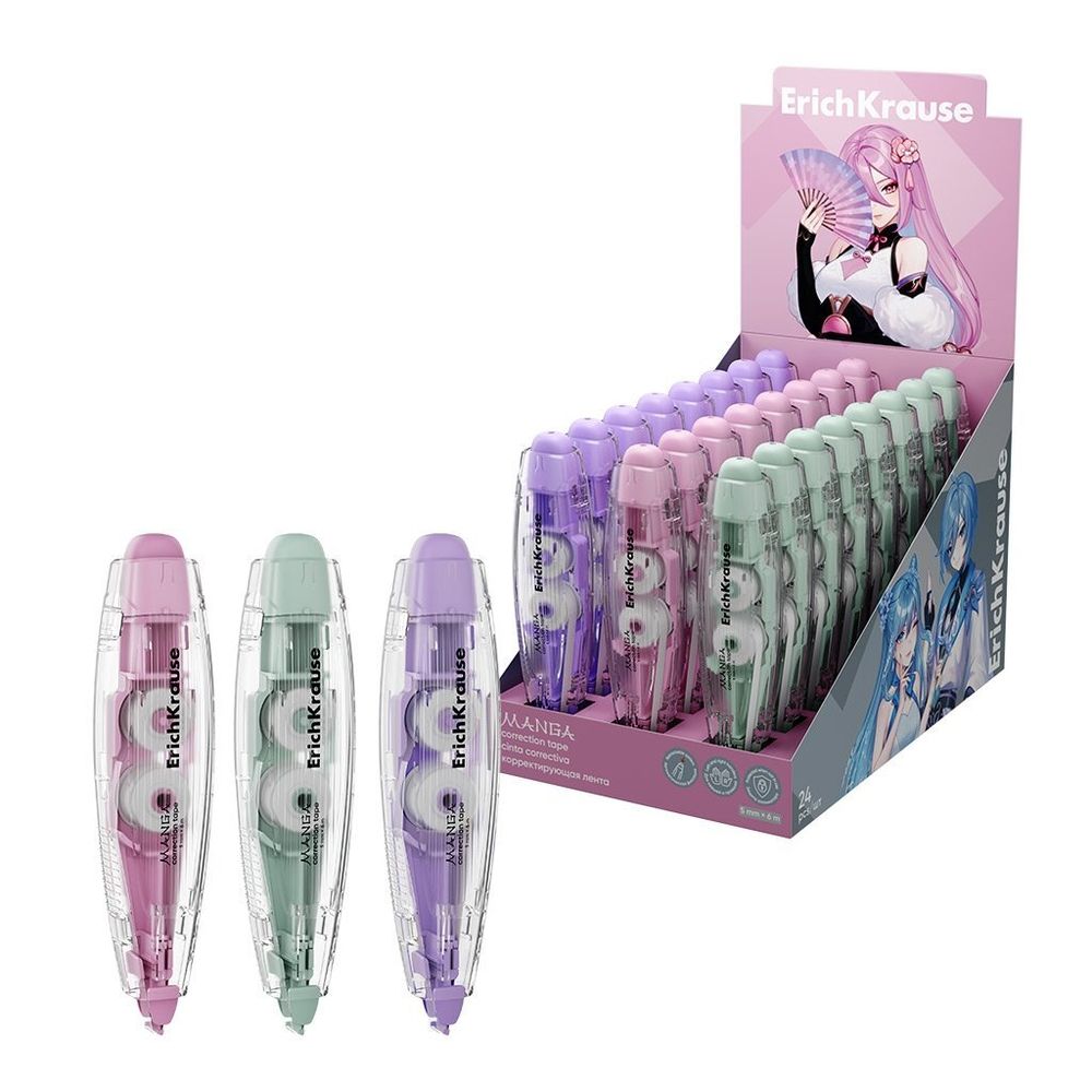 Корректирующая лента Erich Krause, 5 мм х 6 м, прозрачный корпус, ассорти, пакет, европодвес, "Spin Manga" Корректирующая лента Erich Krause, 5 мм х 6 м, прозрачный корпус, ассорти, пакет, европодвес, "Spin Manga"