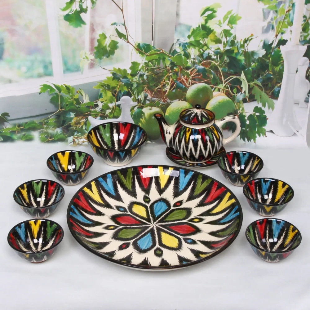 Чайный набор 9 предметов Атлас (блюдо, чайник, пиала 6шт) Риштанская керамика