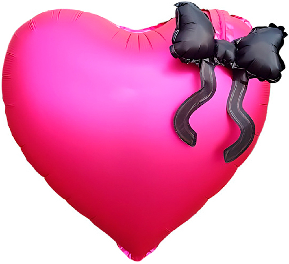 Фольгированное ярко-розовое сердце с гелием с черным бантиком