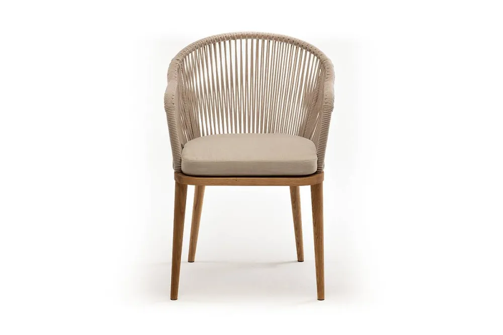 "Лион" стул плетеный из роупа, основание дуб, роуп бежевый круглый, ткань бежевая 035