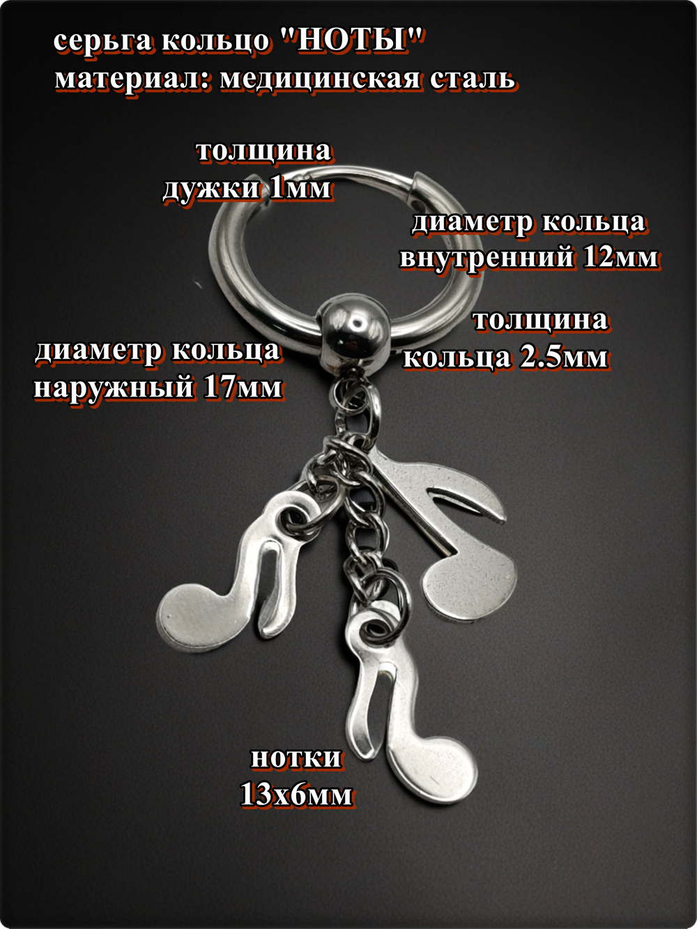 Серьги кольца "Гитара, ноты" асиметричные стальные.