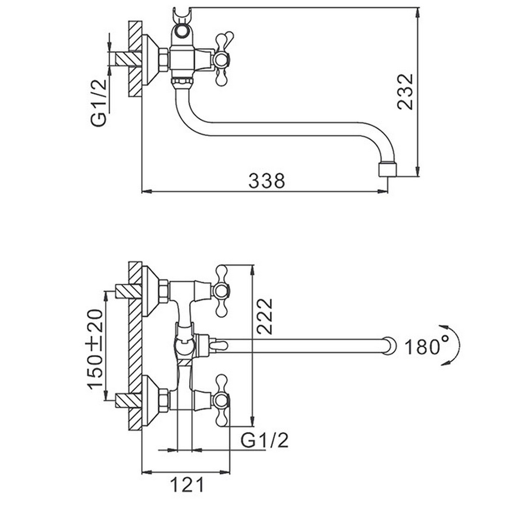 Смеситель для ванны и раковины 1/2 кер F2220 FRAP с шар перекл КРЕСТ конус, S излив, хром, латунь