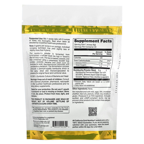 California Gold Nutrition, Superfoods, комбуча в порошке с ферментированным яблочным уксусом, растворимой клетчаткой тапиоки и пробиотиками, 160 г (5,64 унции)
