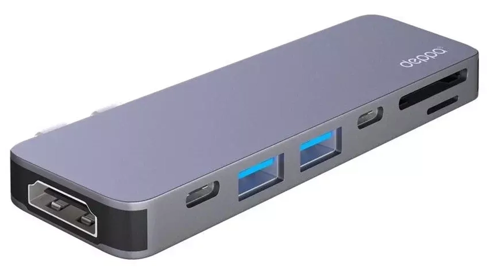 Переходник Deppa Thunderbolt C 7в1 (73122) Type-C to USB3.0x2/ HDMI/ Thunder3/ Type-C/ SD/ MicroSD для MacBook Графитовый