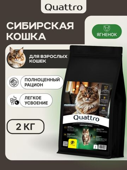 Корм сухой для кошек породы Сибирская кошка, с ягненком, 2 кг, QUATTRO