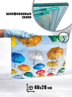 Модульная стеклянная интерьерная картина /Фотокартина на стекле /Цветные зонты, 28x40 см. Декор для дома, подарок