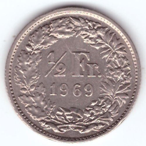 1/2 франка 1969 год. Швейцария. Медно-никель XF