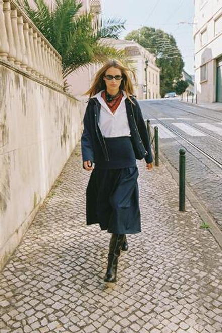 ZARA ЮБКА МИДИ ИЗ ИНТЕРЛОКА С КОНТРАСТНЫМИ ДЕТАЛЯМИ, МОРСКОЙ СИНИЙ