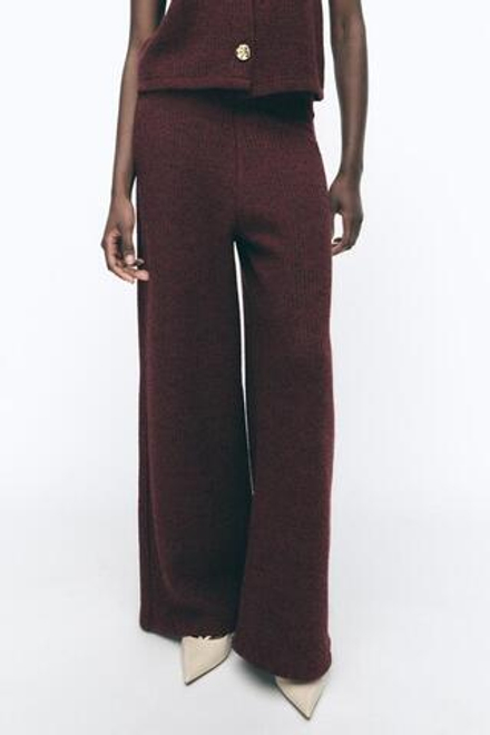 ZARA ШИРОКИЕ БРЮКИ С ТЕКСТУРНЫМ УЗОРОМ, ТЕМНО-БОРДОВЫЙ