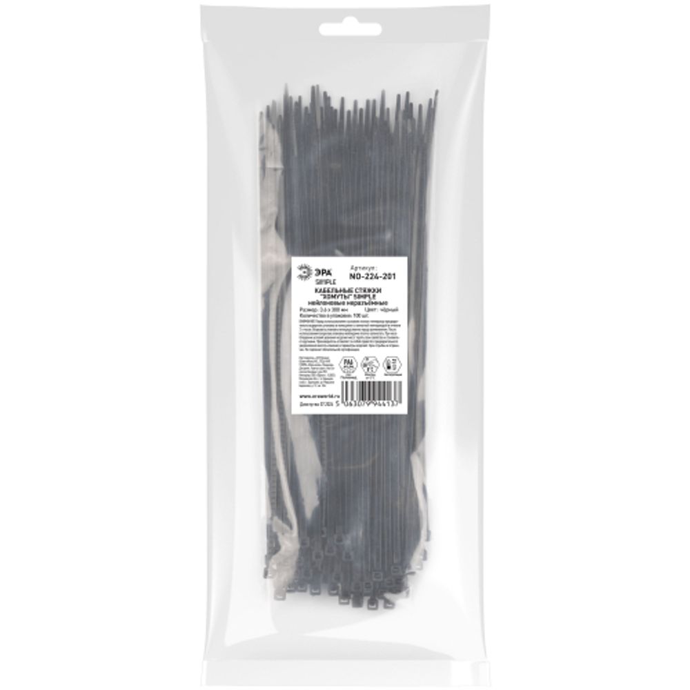 Кабельная стяжка ЭРА NO-224-201 (хомут) нейлоновая 3.6 х 300 мм чёрная (100 шт/уп) Simple | Кабельные стяжки (хомуты)