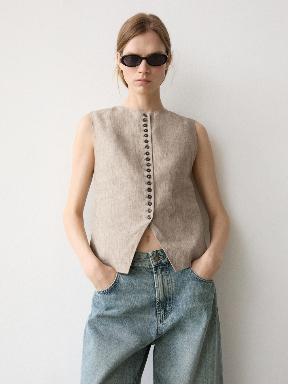 Massimo Dutti Льняной жилет, бежевый