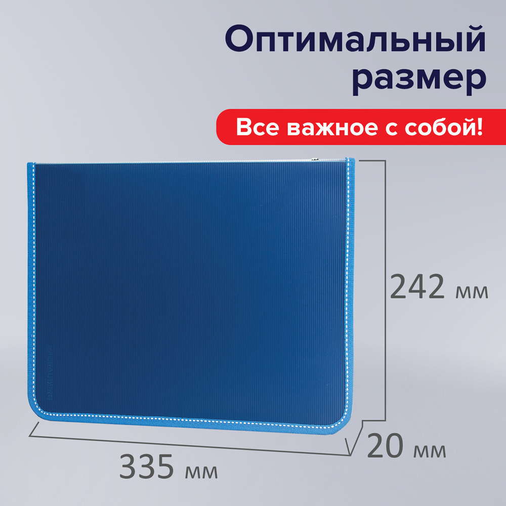 Папка на молнии пластиковая BRAUBERG "Contract" А4 335х242 мм внутренний карман синий (3 штуки в упаковке)