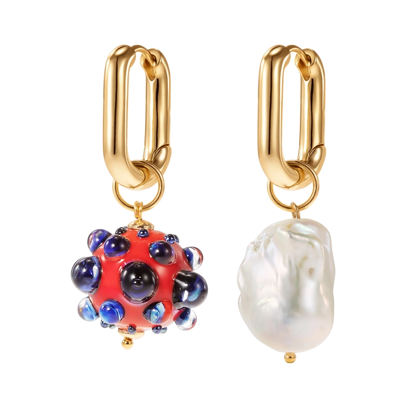 Серьги с красно-синей бусиной Мурано и жемчужиной