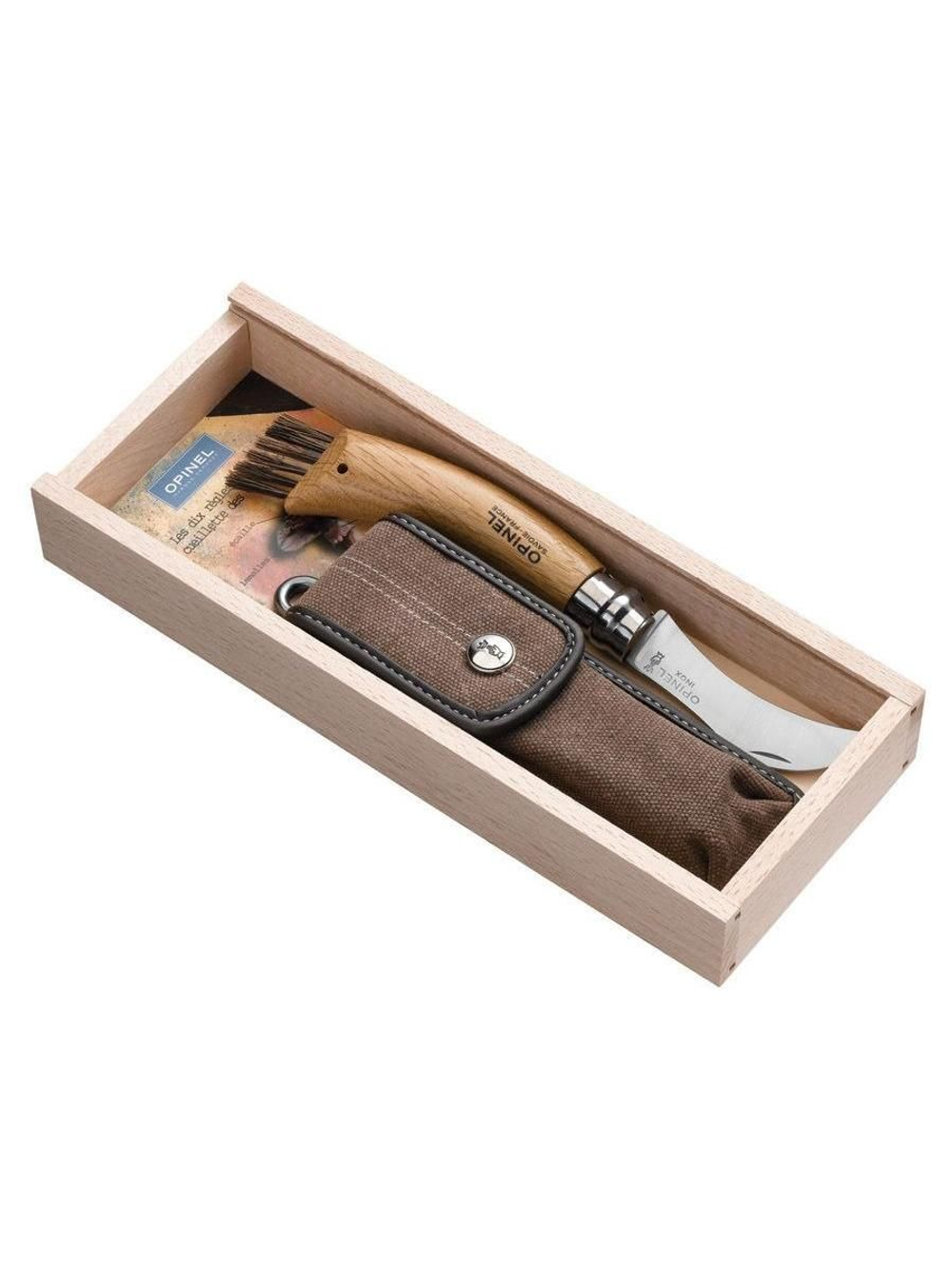 Нож грибника Opinel №8, нержавеющая сталь, рукоять дуб, чехол, деревянный футляр