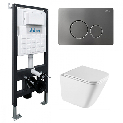 Комплект подвесной унитаз ABBER Rechteck AC1219TC белый, с закрытым дном с инсталляцией AC0105 и кнопкой AC0121NG никель
