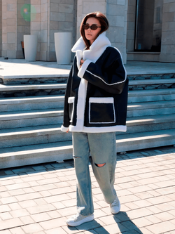 Дубленка из натуральной шерсти, черная, SilverFox