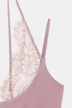 ZARA БОДИ ХАЛТЕР С КОМБИНИРОВАННЫМ КРУЖЕВОМ, ПУДРОВО-РОЗОВЫЙ