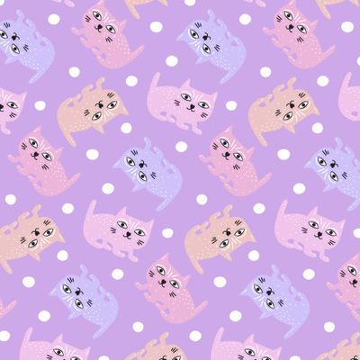 Купить детскую ткань кошки. Сиреневый рисунок с котятами. Buy baby fabric cute cats soft lilac.
