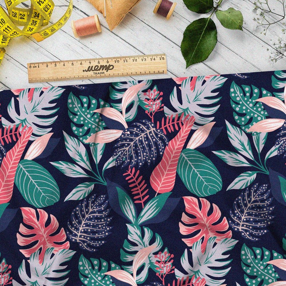 Ткань флис яркие листья монстеры