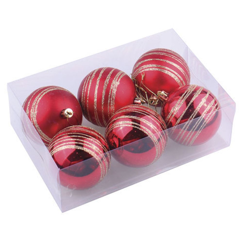 Шары елочные с узором ЗОЛОТАЯ СКАЗКА, НАБОР 6 штук, пластик, 8 см, красные, 3 глянцевых, 3 матовых, 590883