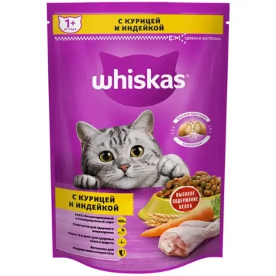 Whiskas вкусные подушечки с нежным паштетом сухой корм для взрослых кошек аппетитное ассорти с курицей и индейкой - 350 г