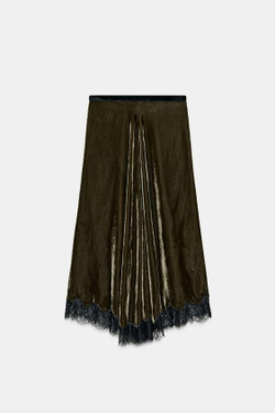 ZARA БАРХАТНАЯ ЮБКА С КРУЖЕВОМ — ZW COLLECTION LIMITED EDITION, ЗЕЛЕНОВАТЫЙ