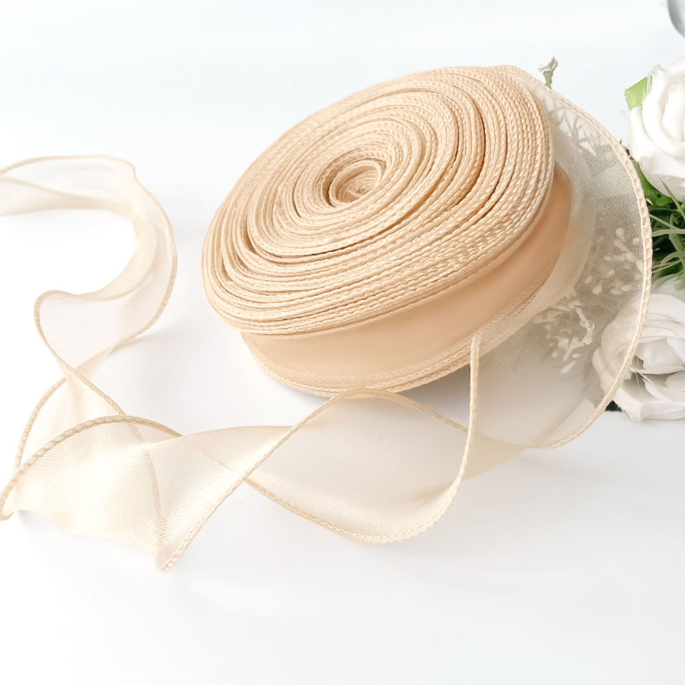 Лента декоративная (4 см*9,14 м) Органза с леской, Золотистый бежевый, 1 шт., 6233771