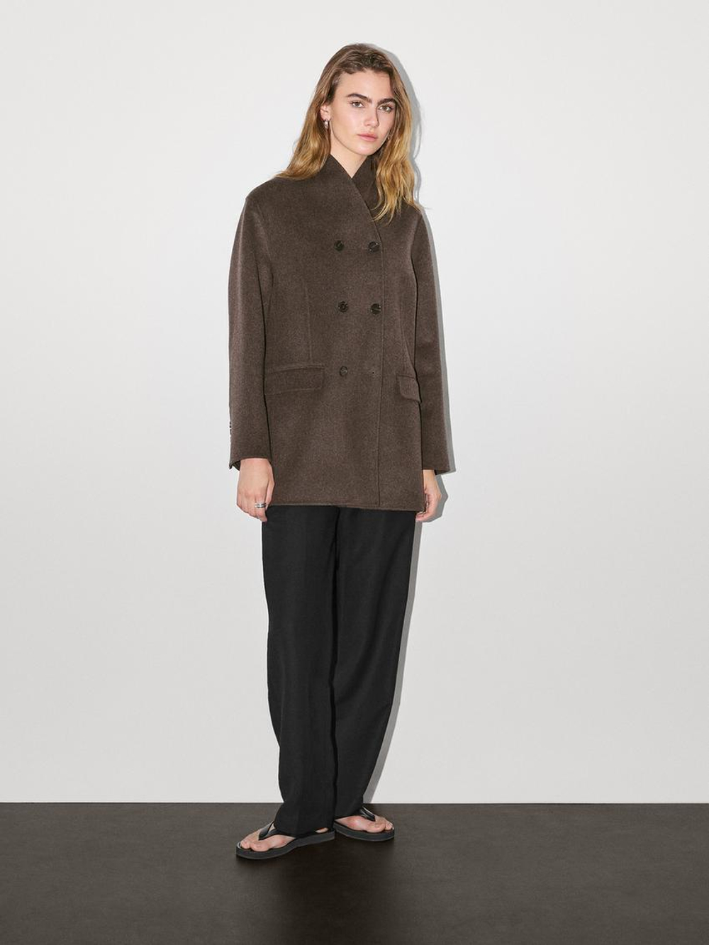 Massimo Dutti Пальто из смесовой шерсти с воротником в стиле смокинг, шоколадный