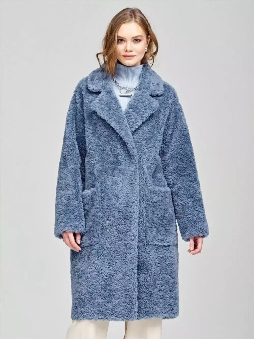 Шуба женская из шерсти мериноса чебурашка тедди, синяя, SilverFox