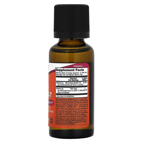 NOW Foods, жидкий витамин D3 и MK-7, мята, 30 мл (1 жидк. унция)
