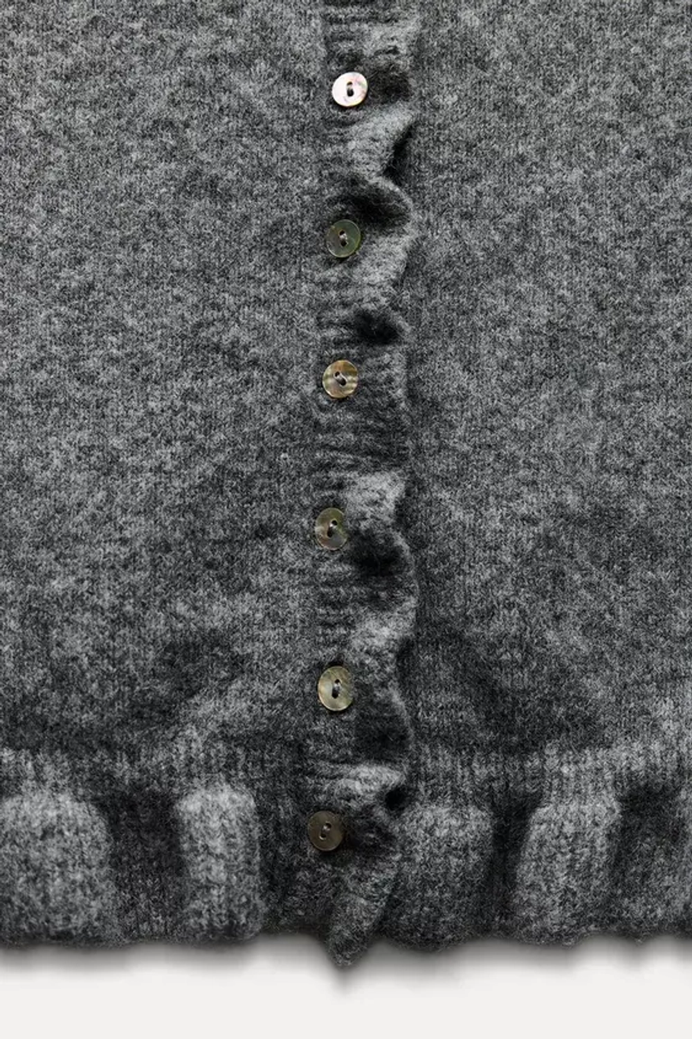 ZARA ТРИКОТАЖНЫЙ КАРДИГАН С ВОЛАНАМИ, СЕРЫЙ